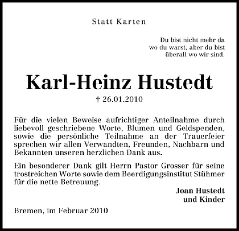 Traueranzeige von Karl-Heinz Hustedt von WESER-KURIER
