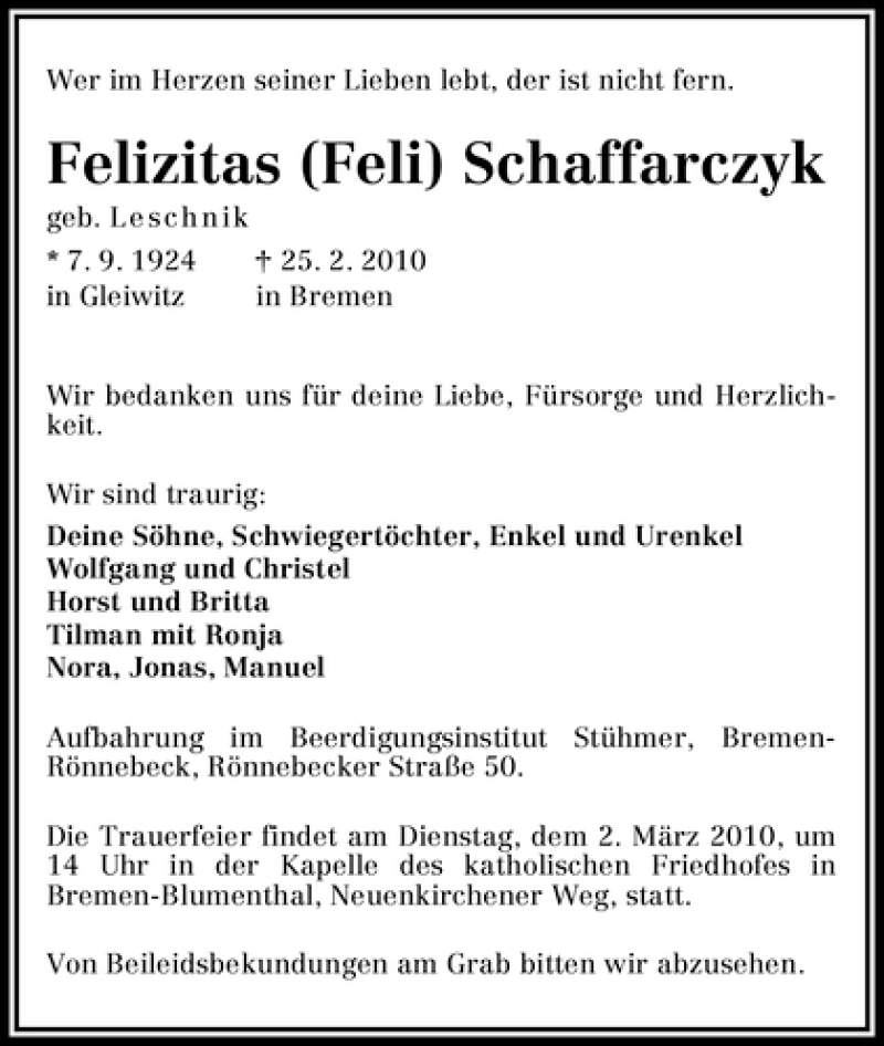 Traueranzeige von Felizitas Schaffarczyk von WESER-KURIER