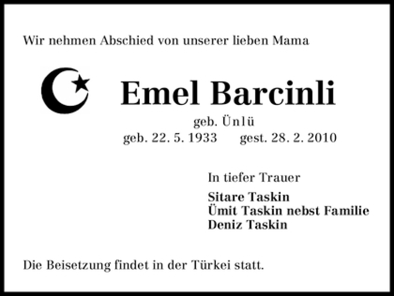 Traueranzeige von Emel Barcinli von WESER-KURIER