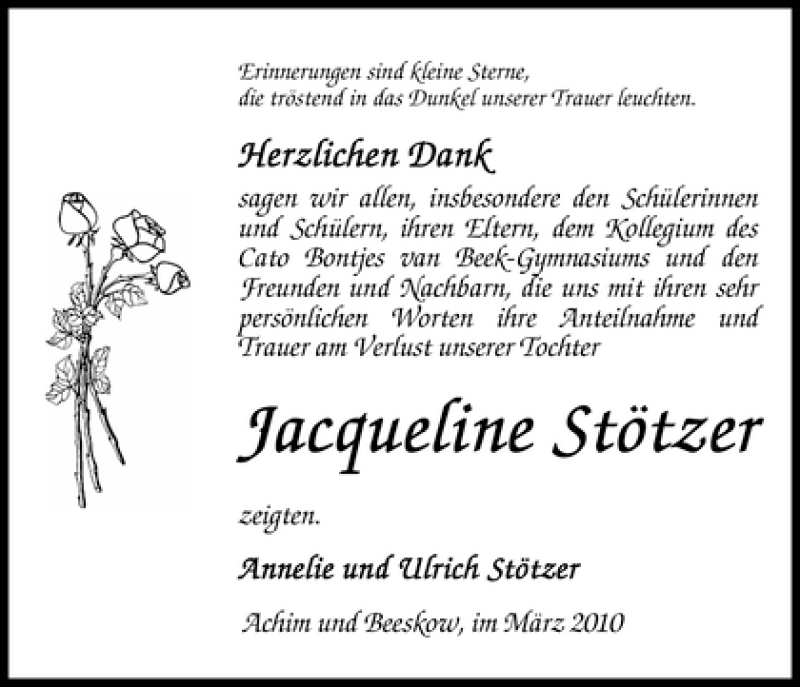 Traueranzeige von Jacqueline Stötzer von WESER-KURIER