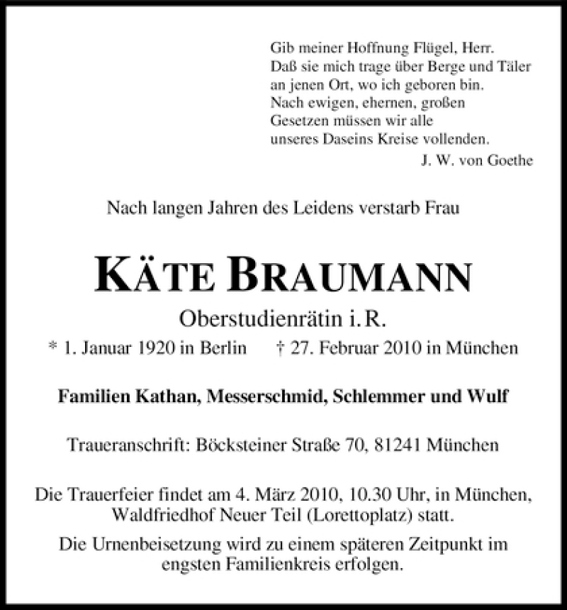 Traueranzeige von Käte Braumann von WESER-KURIER