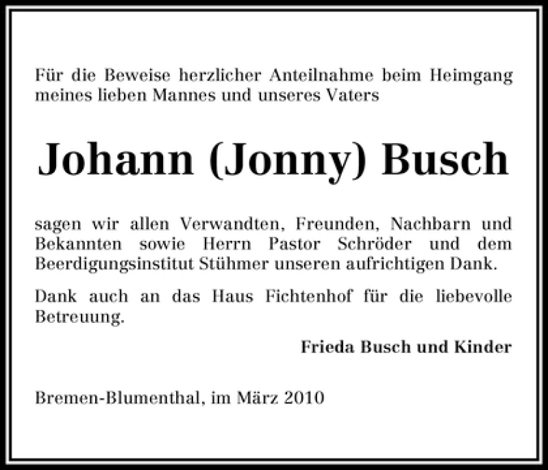 Traueranzeige von Johann Busch von WESER-KURIER