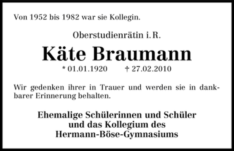 Traueranzeige von Käte Braumann von WESER-KURIER