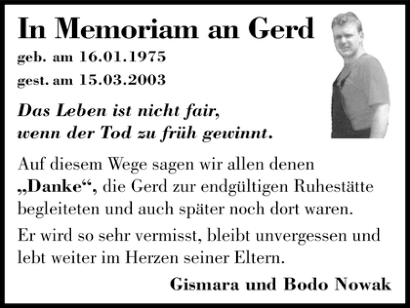 Traueranzeige von Gerd In Memoriam von WESER-KURIER