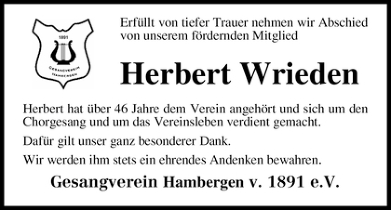 Traueranzeige von Herbert Wrieden von WESER-KURIER
