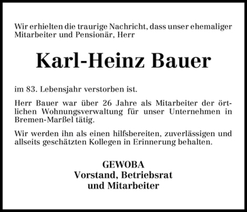 Traueranzeige von Karl-Heinz Bauer von WESER-KURIER