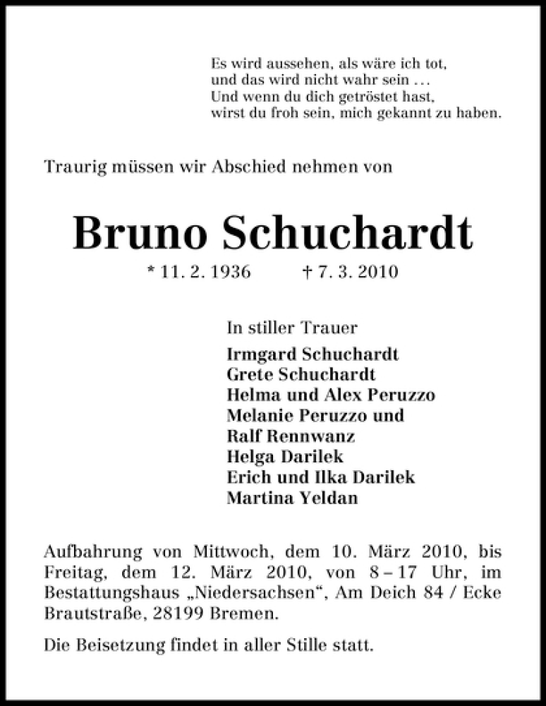 Traueranzeige von Bruno Schuchardt von WESER-KURIER