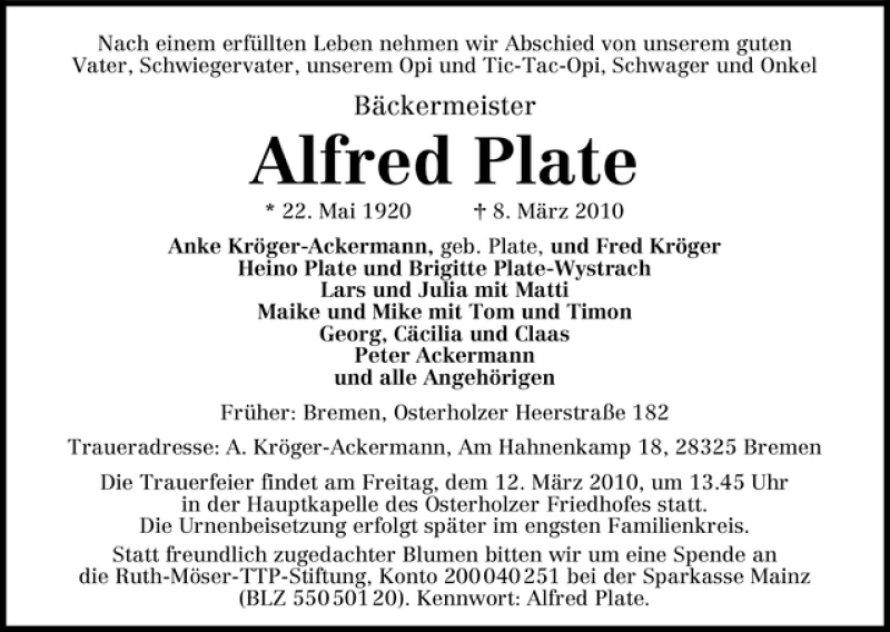 Traueranzeige von Alfred Plate von WESER-KURIER