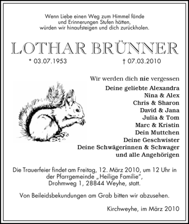  Traueranzeige für Lothar Brünner vom 10.03.2010 aus WESER-KURIER