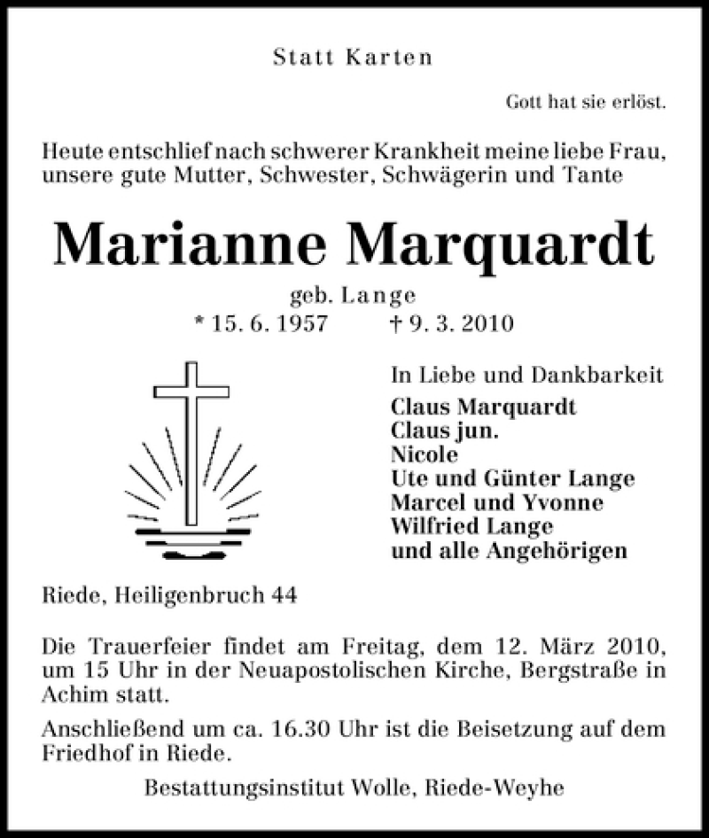 Traueranzeige von Marianne Marquardt von WESER-KURIER