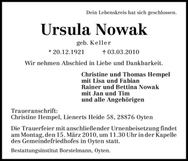 Traueranzeige von Ursula Nowak von WESER-KURIER