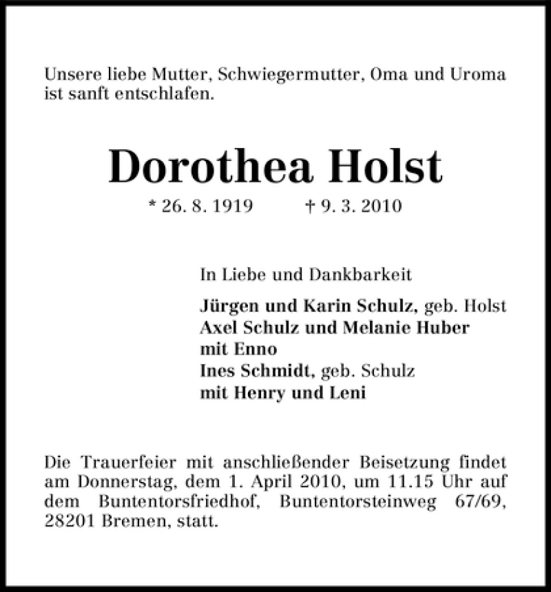 Traueranzeige von Dorothea Holst von WESER-KURIER