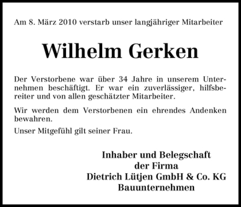 Traueranzeige von Wilhelm Gerken von WESER-KURIER