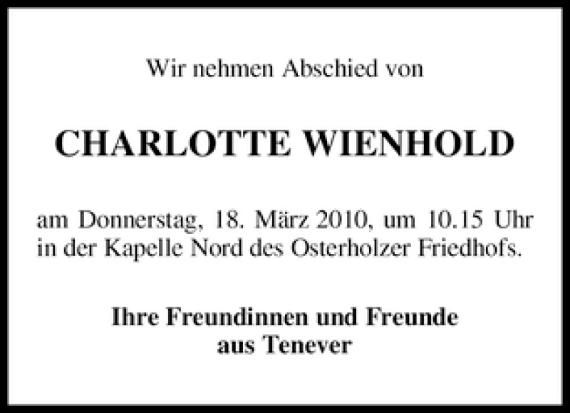 Traueranzeige von Charlotte Wienhold von WESER-KURIER