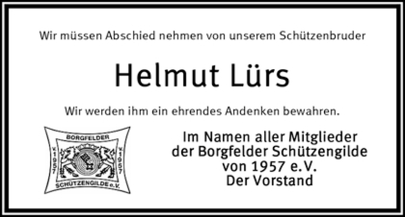 Traueranzeige von Helmut Lürs von WESER-KURIER