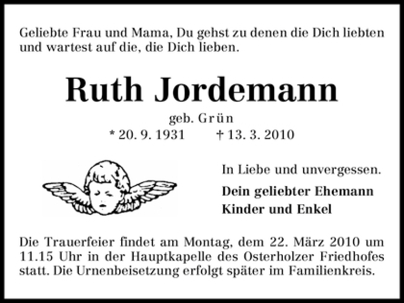 Traueranzeige für Ruth Jordemann vom 17.03.2010 aus WESER-KURIER