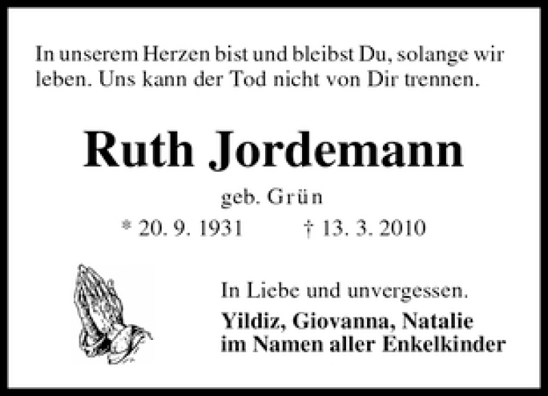  Traueranzeige für Ruth Jordemann vom 17.03.2010 aus WESER-KURIER