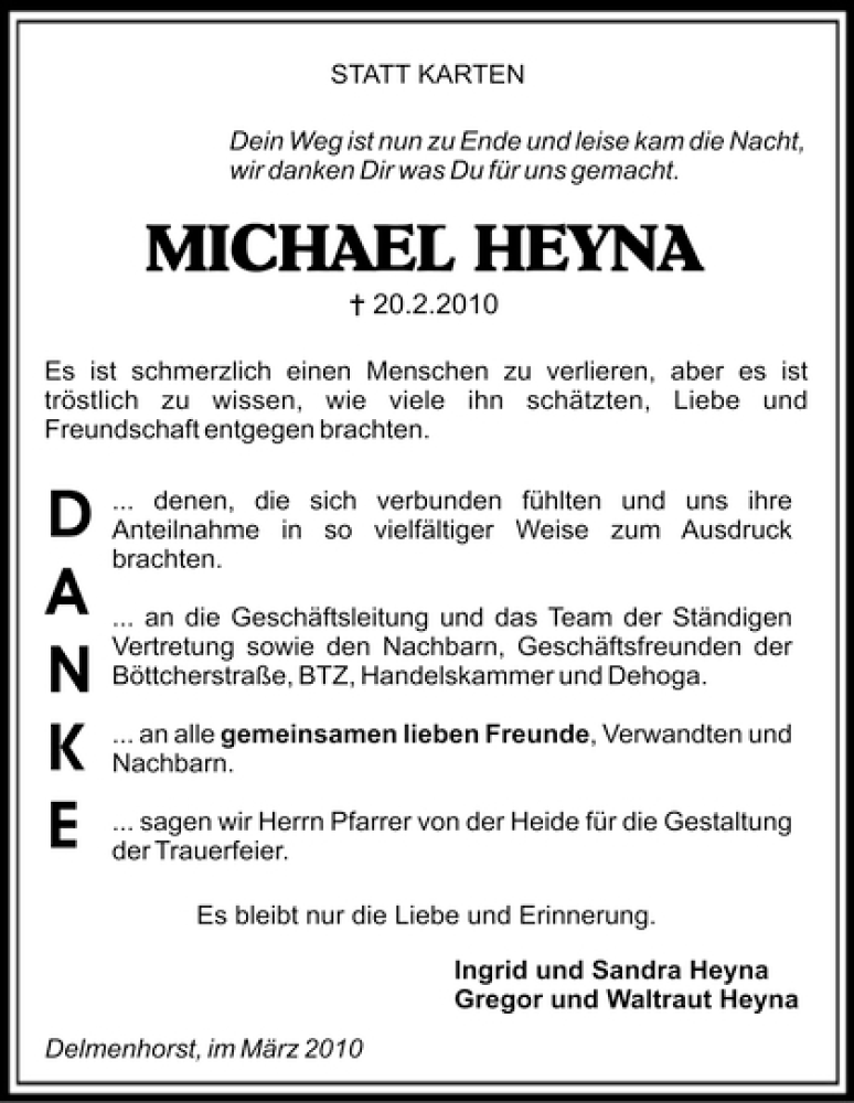  Traueranzeige für Michael Heyna vom 20.03.2010 aus WESER-KURIER