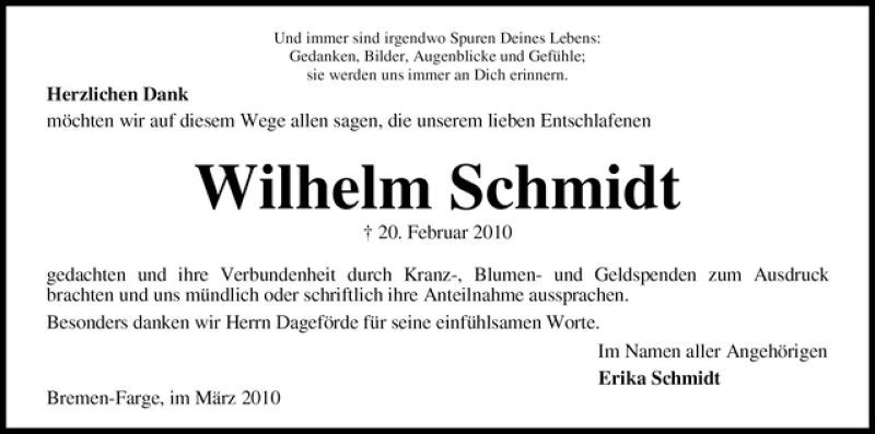  Traueranzeige für Wilhelm Schmidt vom 20.03.2010 aus WESER-KURIER