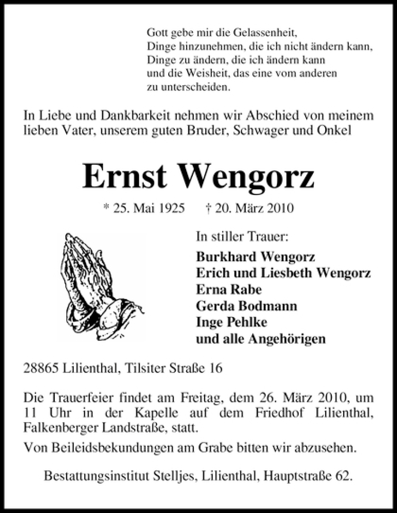 Traueranzeige von Ernst Wengorz von WESER-KURIER