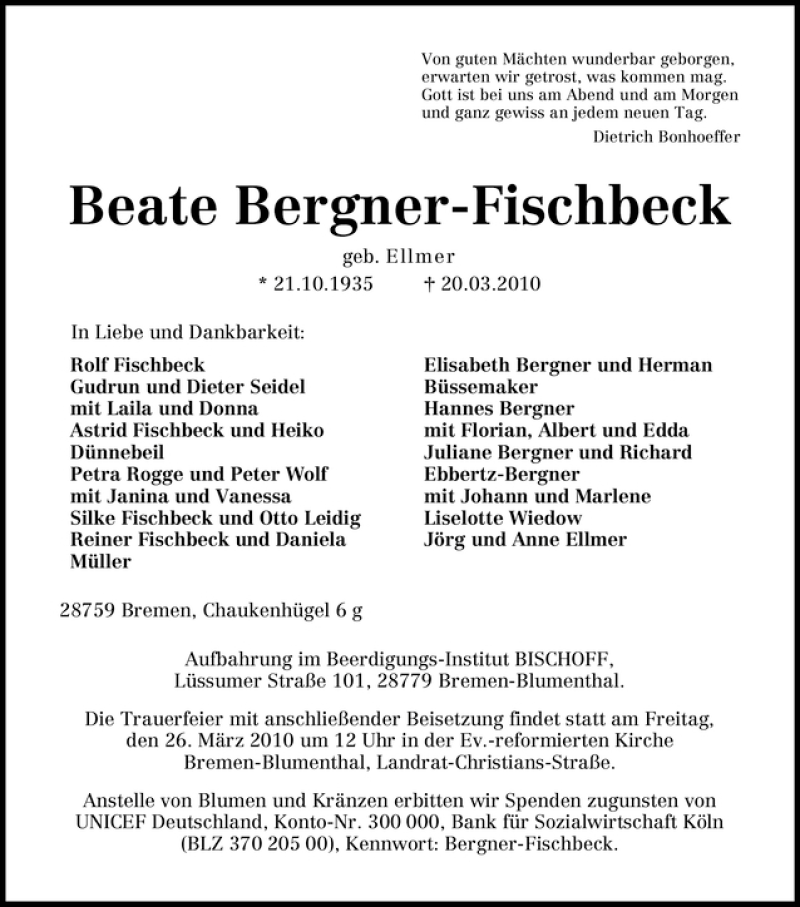 Traueranzeige von Beate Bergner-Fischbeck von WESER-KURIER