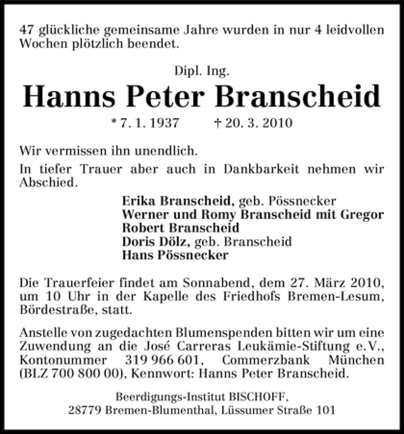 Traueranzeige von Hanns Peter Branscheid von WESER-KURIER