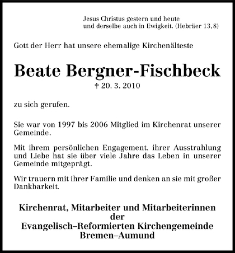 Traueranzeige von Beate Bergner-Fischbeck von WESER-KURIER