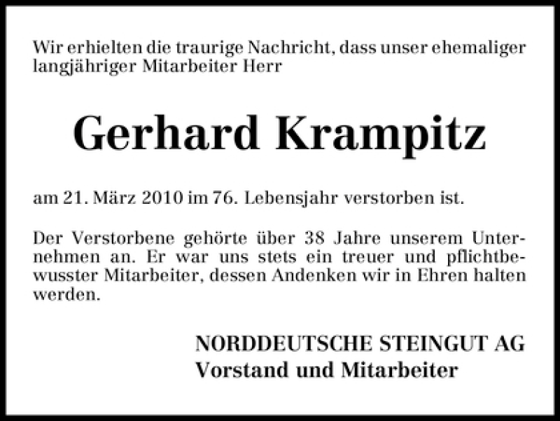 Traueranzeige von Gerhard Krampitz von WESER-KURIER