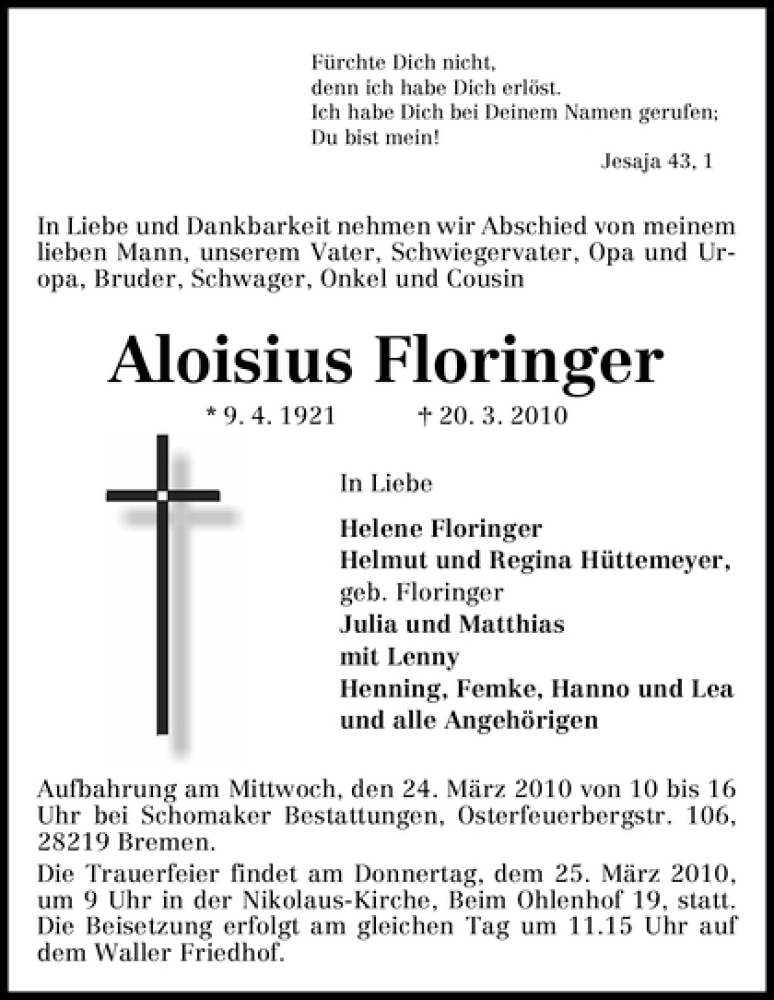 Traueranzeige von Aloisius Floringer von WESER-KURIER
