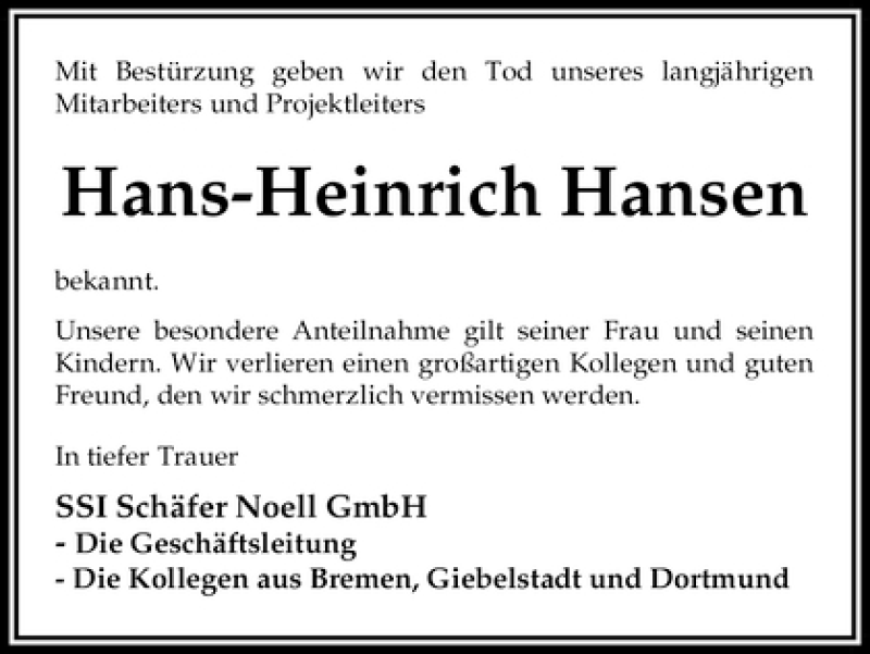 Traueranzeige von Hans-Heinrich Hansen von WESER-KURIER