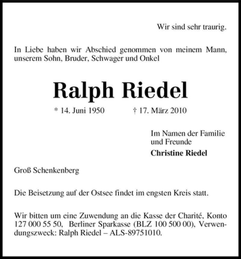  Traueranzeige für Ralph Riedel vom 27.03.2010 aus WESER-KURIER