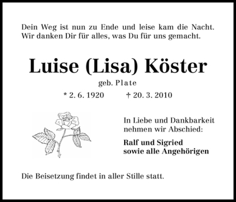 Traueranzeige von Luise Köster von WESER-KURIER