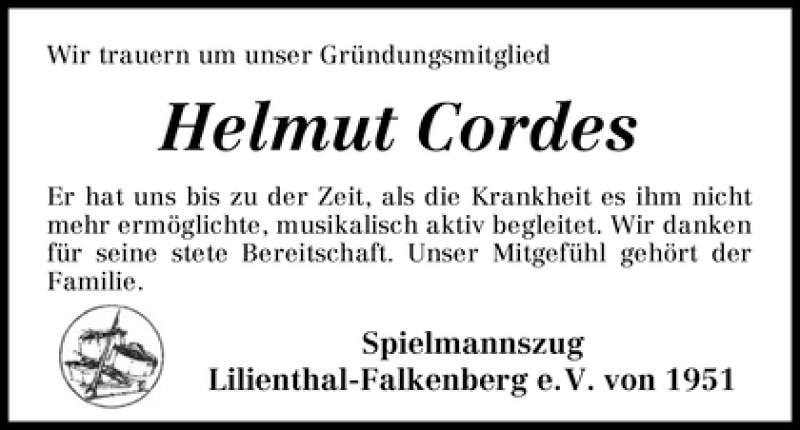 Traueranzeige von Helmut Cordes von WESER-KURIER