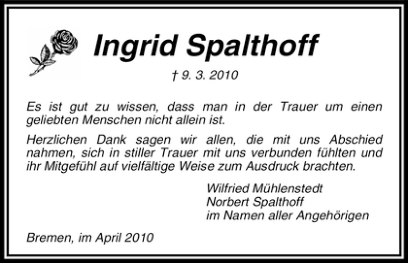Traueranzeige von Ingrid Spalthoff von WESER-KURIER
