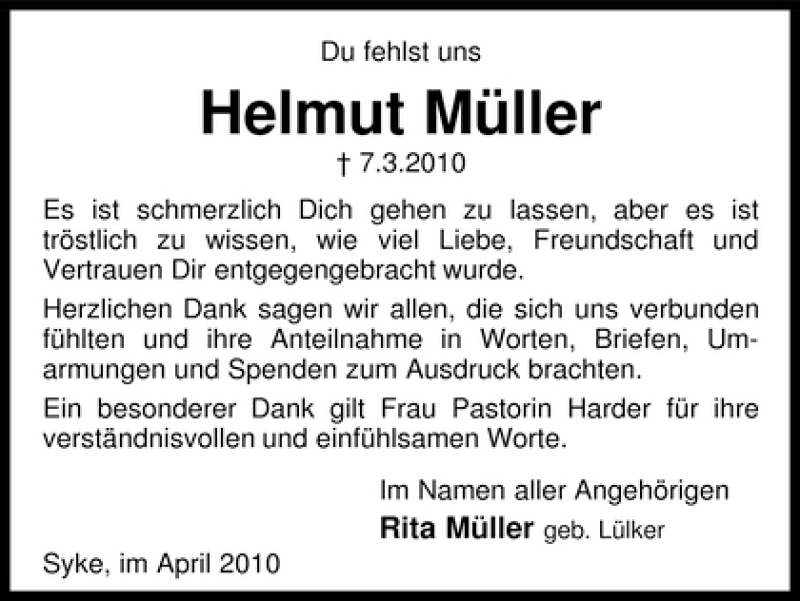 Traueranzeige von Helmut Müller von WESER-KURIER