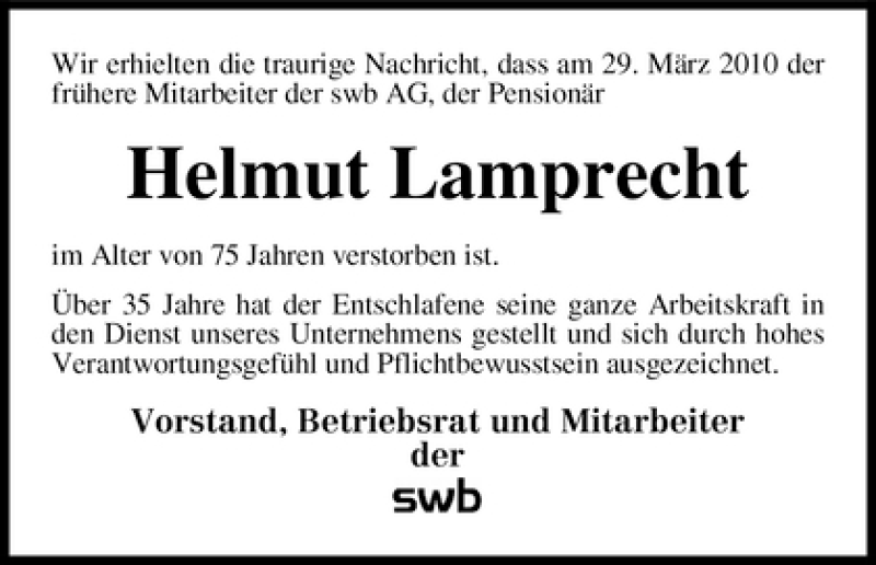Traueranzeige von Helmut Lamprecht von WESER-KURIER
