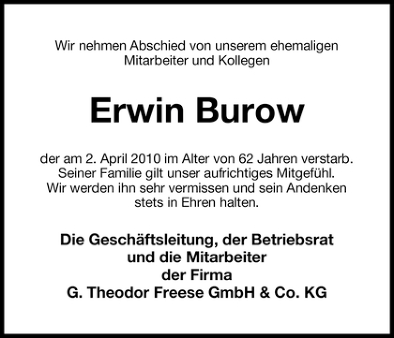 Traueranzeige von Erwin Burow von WESER-KURIER