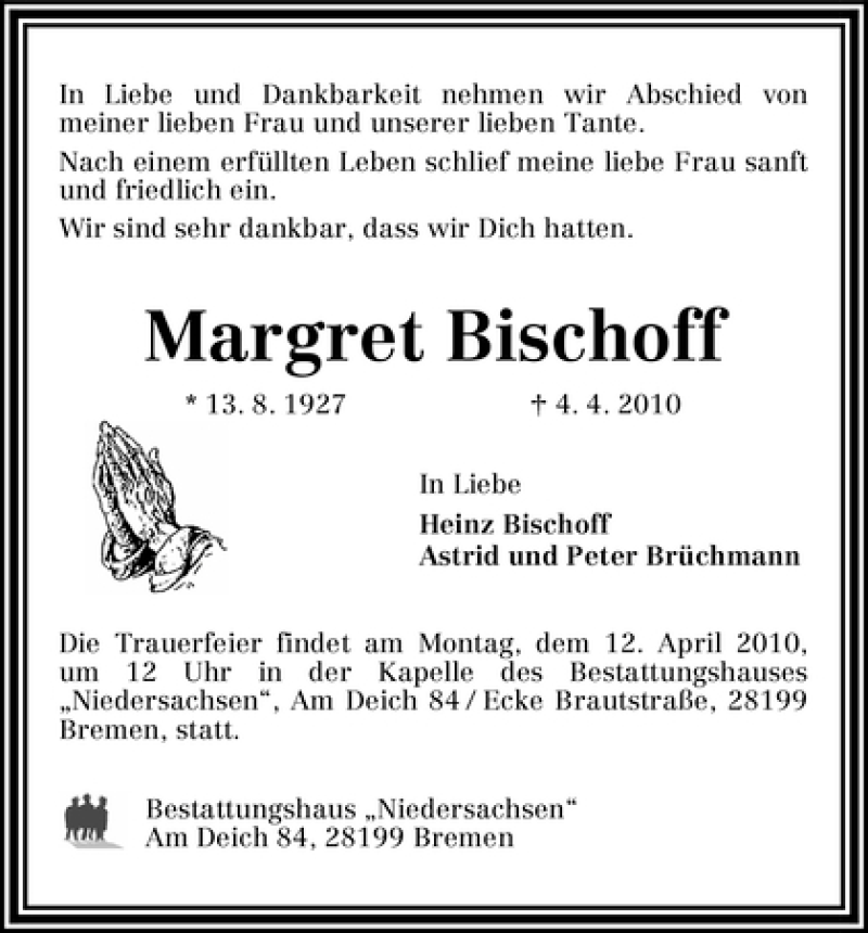 Traueranzeige von Margret Bischoff von WESER-KURIER