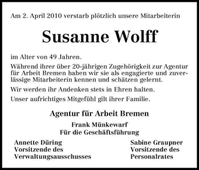 Traueranzeige von Susanne Wolff von WESER-KURIER