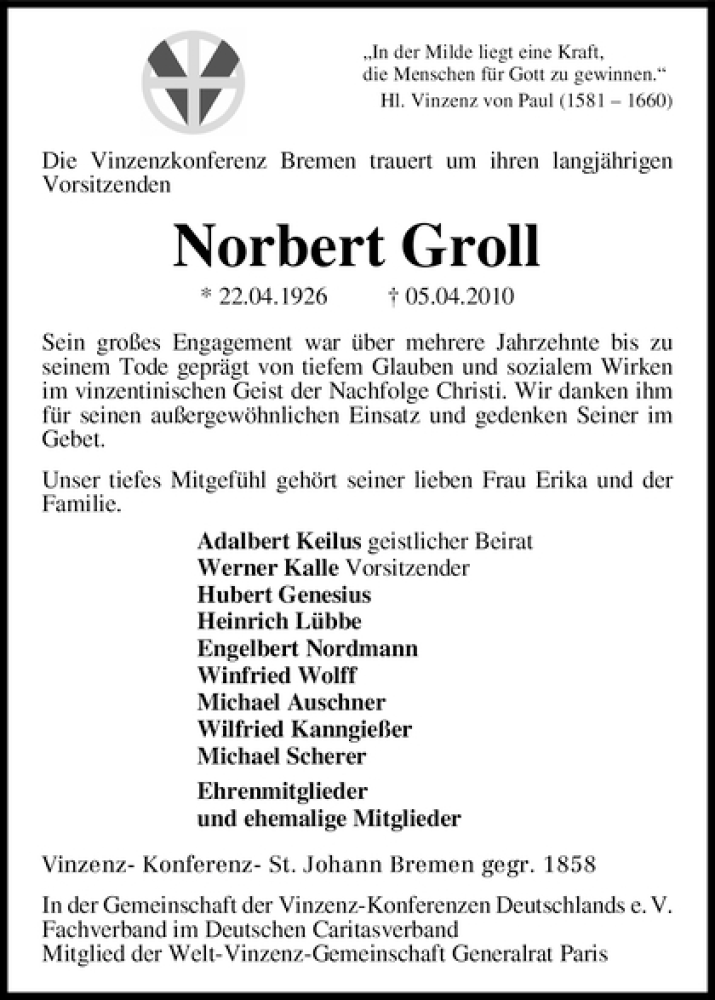 Traueranzeige von Norbert Groll von WESER-KURIER