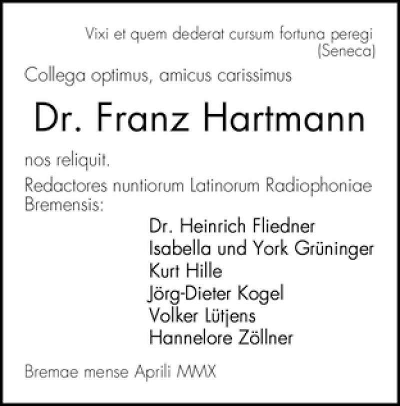 Traueranzeige von Franz Hartmann von WESER-KURIER
