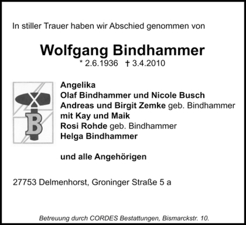 Traueranzeige von Wolfgang Bindhammer von WESER-KURIER
