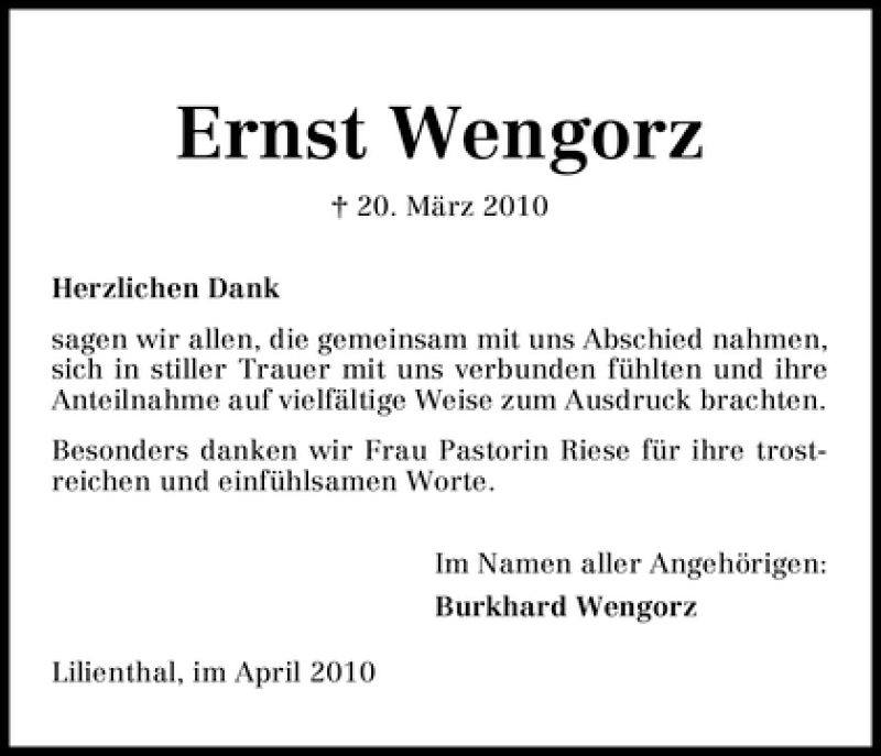 Traueranzeige von Ernst Wengorz von WESER-KURIER