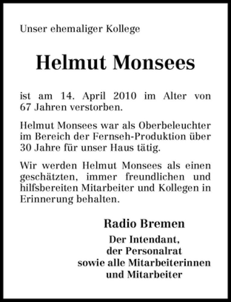 Traueranzeige von Helmut Monsees von WESER-KURIER