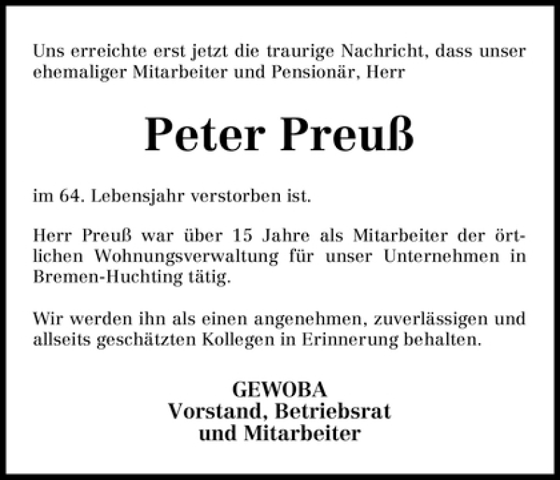 Traueranzeige von Peter Preuß von WESER-KURIER