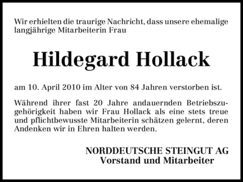  Traueranzeige für Hildegard Hollack vom 21.04.2010 aus WESER-KURIER