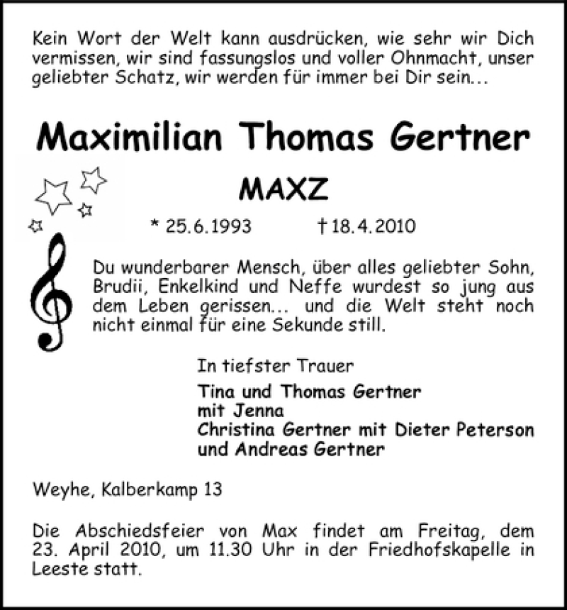 Traueranzeige von Maximilian Thomas Gertner von WESER-KURIER