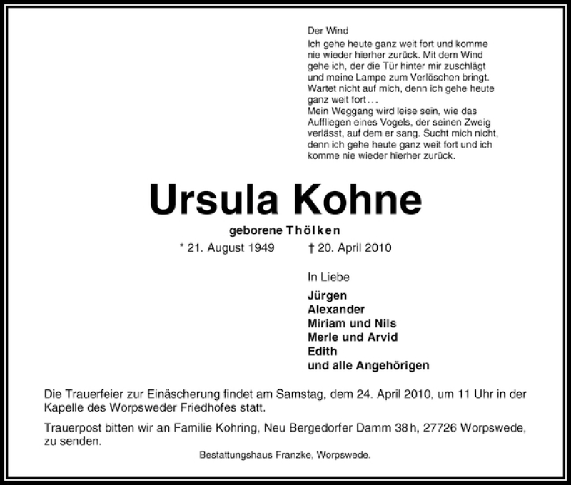  Traueranzeige für Ursula Kohne vom 22.04.2010 aus WESER-KURIER