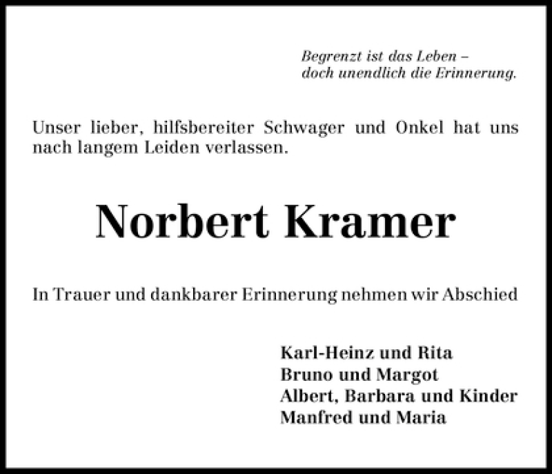  Traueranzeige für Norbert Kramer vom 27.04.2010 aus WESER-KURIER