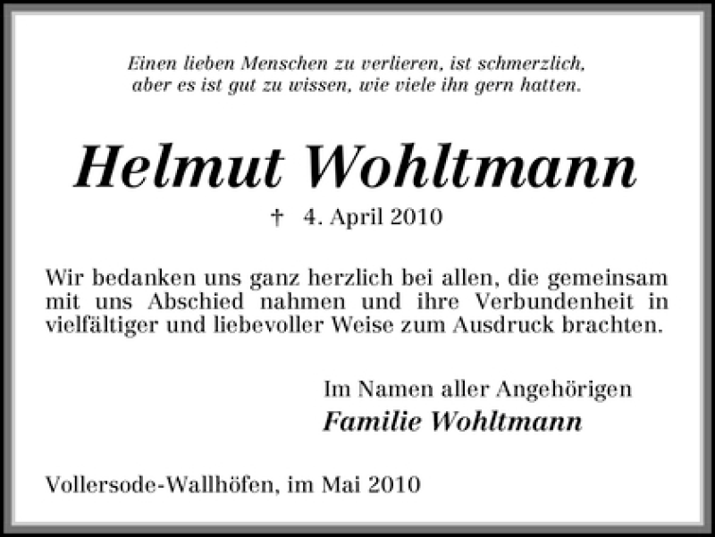 Traueranzeige von Helmut Wohltmann von WESER-KURIER
